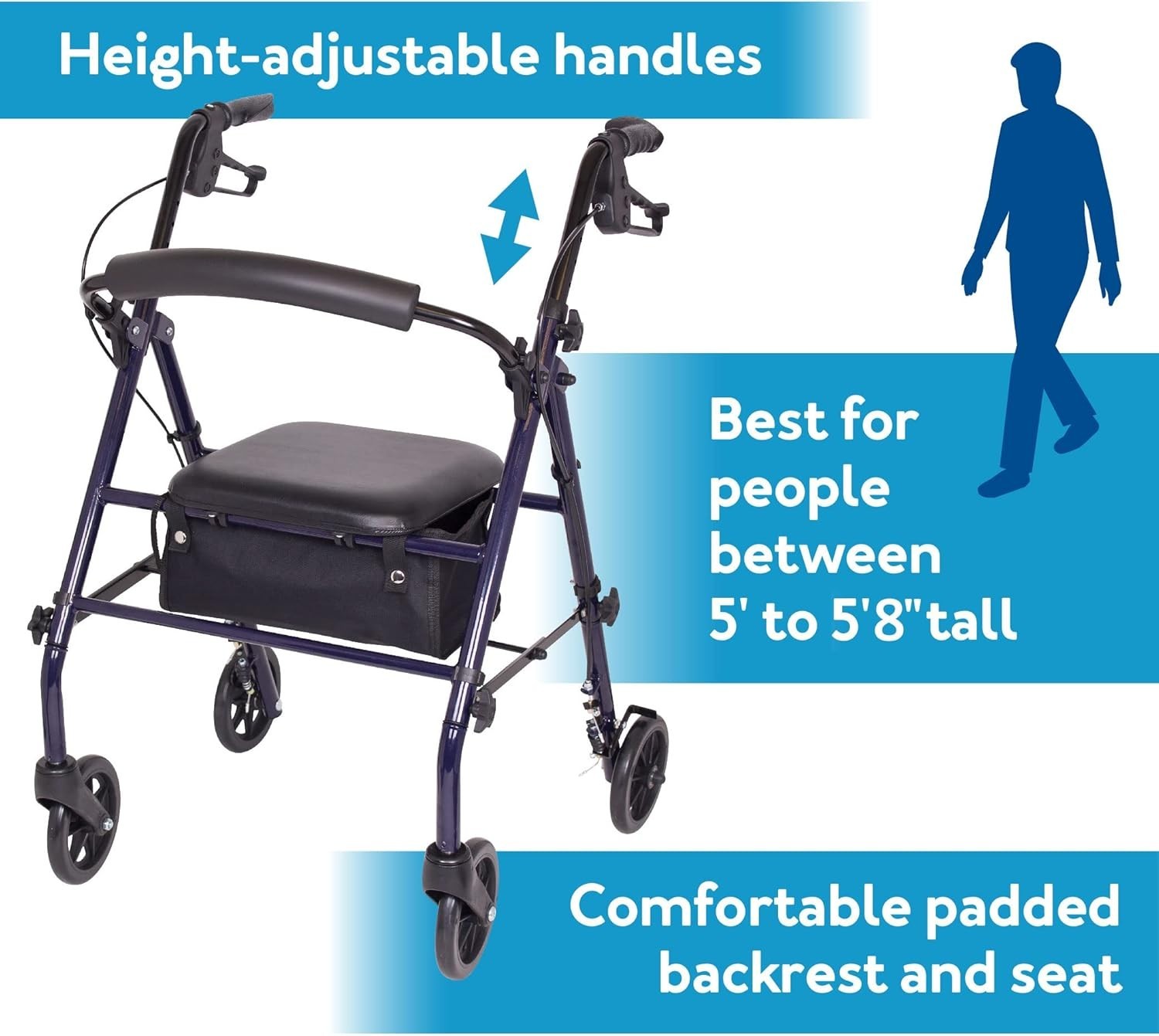 Padded Steel Rollator Walker for Seniors - 350 lbs Capacity, Height Adjustable