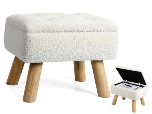 Storage Ottoman, Small Foot Stool Ottoman with Storage, Boucle Teddy Cream