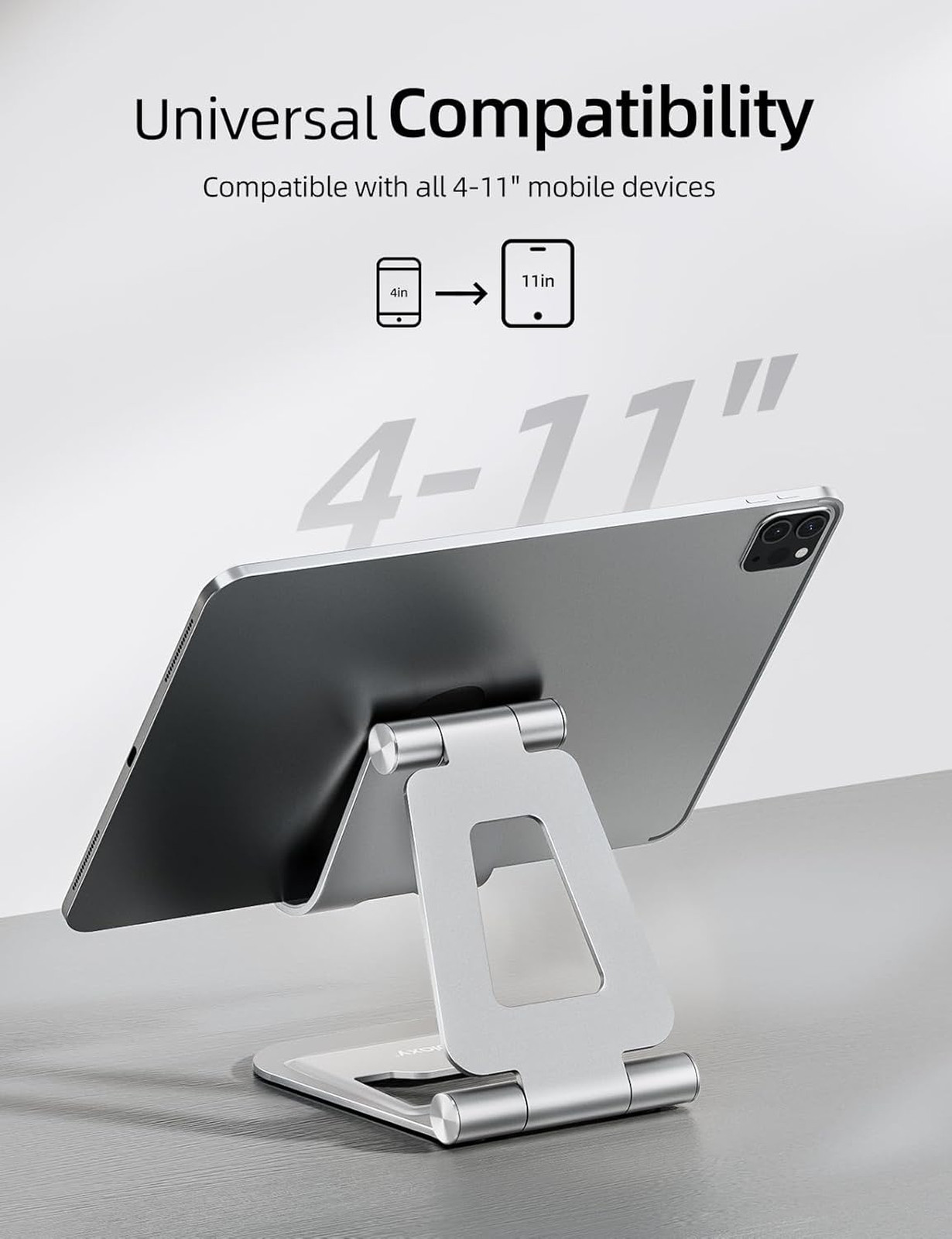 Dual Adjustable Foldable Aluminum Tablet Stand, Silver, Compatible with iPad