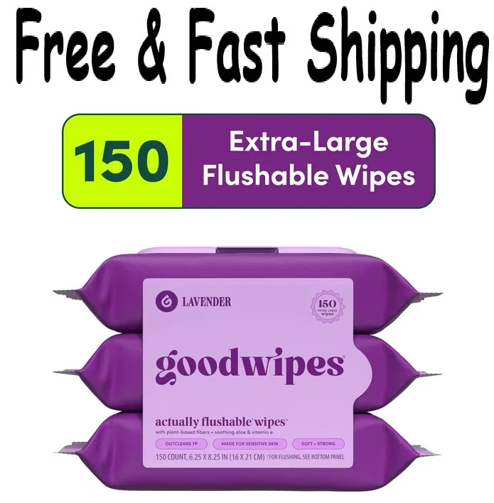 Goodwipes Flushable Butt Wipes, Lavender Scented, 3 Pack, 150 Total Wipes