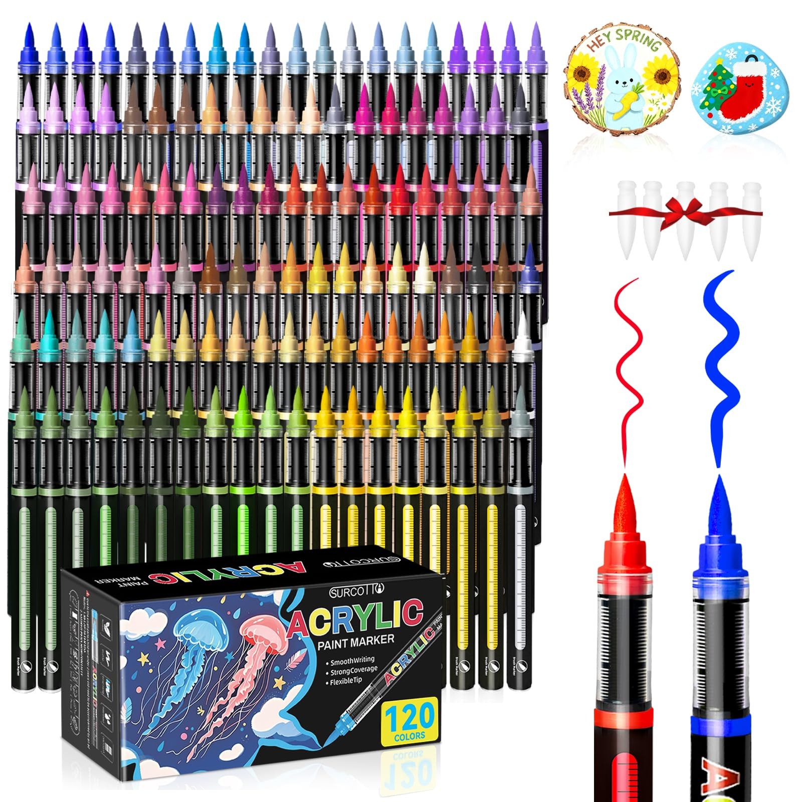 120 Color Acrylic Paint Markers,Acrylic Brush Marker,Soft Brush Tip Pens and ...