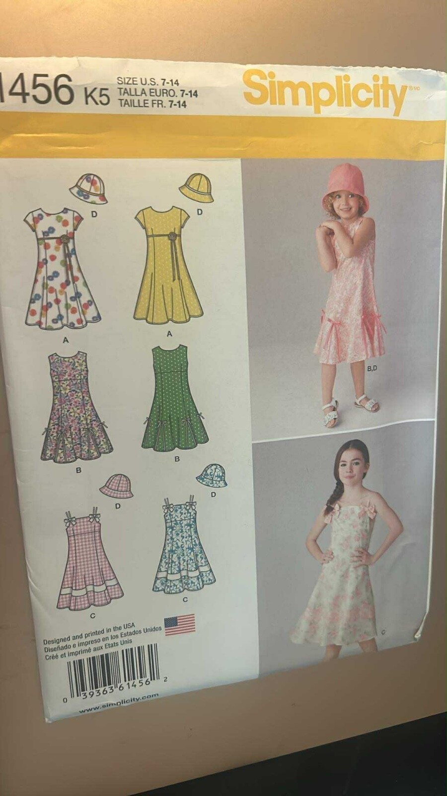 Simplicity 1456 Child & Girl Dresses Bodice Variations, Hat Pattern 7-14 Uncut