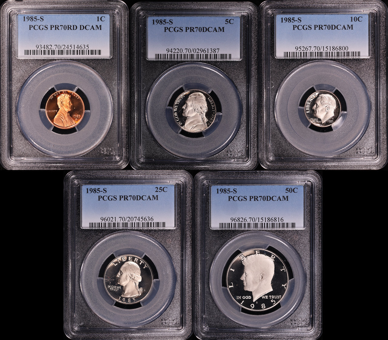 1985-S 1C, 5C, 10C, 25C, & 50C 5 Coin Proof Set PCGS PR-70 DCAM