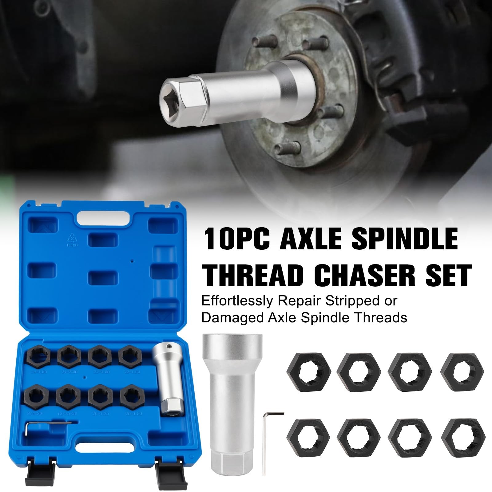Marvelity 10-Piece Axle Spindle Thread Chaser Set - Includes 8 Dies &...