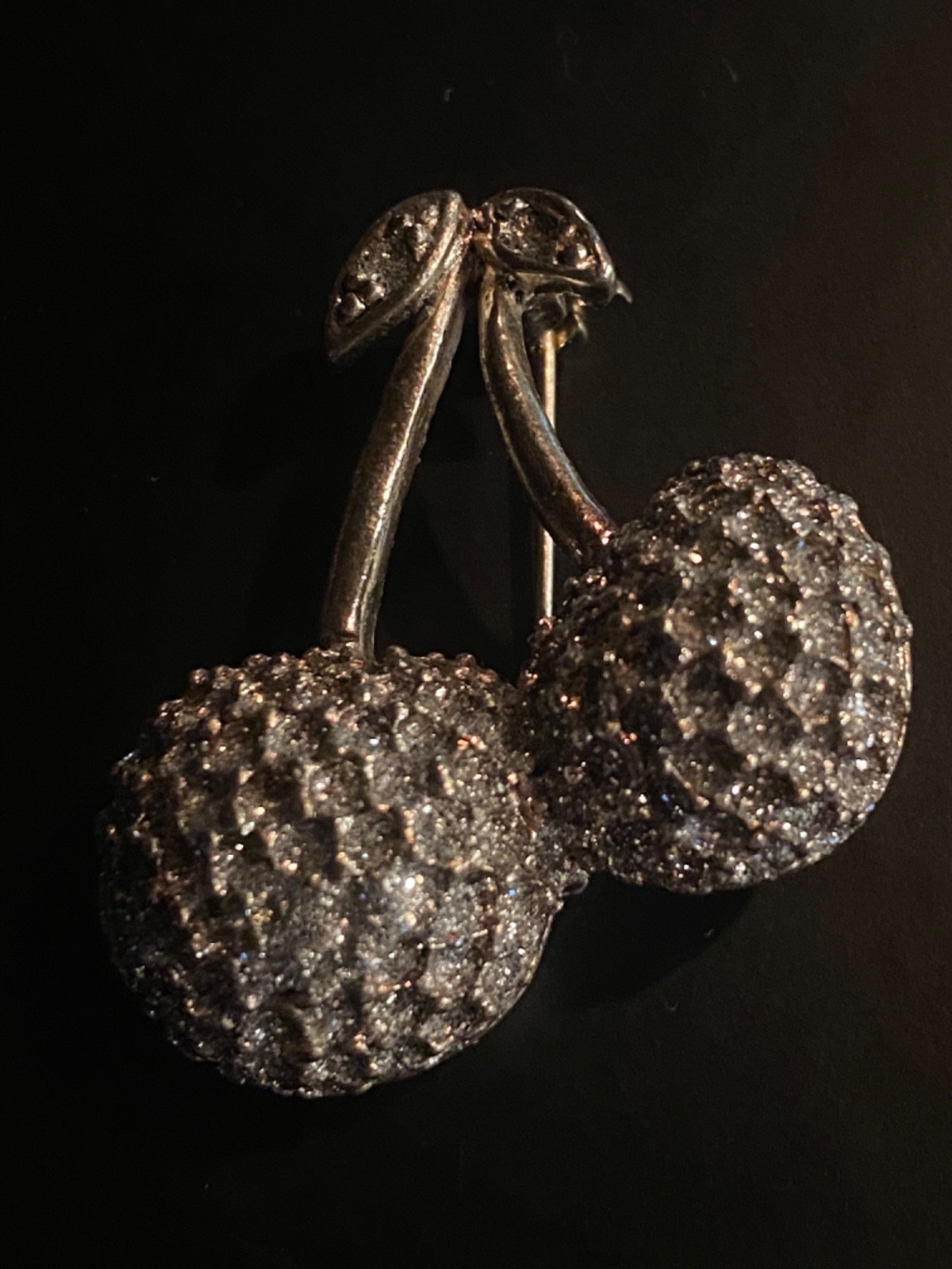 VTG ~1960s Cherry Brooch Silver Tone Pave Sparkle Stones Flake Double Cherry Pin