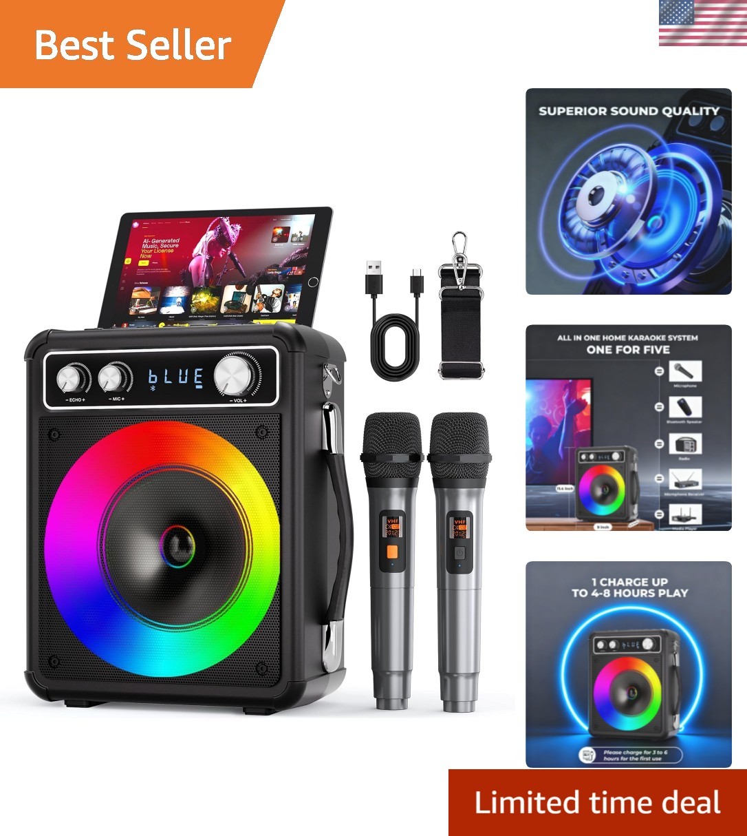 Karaoke Machine, Portable Bluetooth Karaoke Speaker with 2 Wireless Microphon...