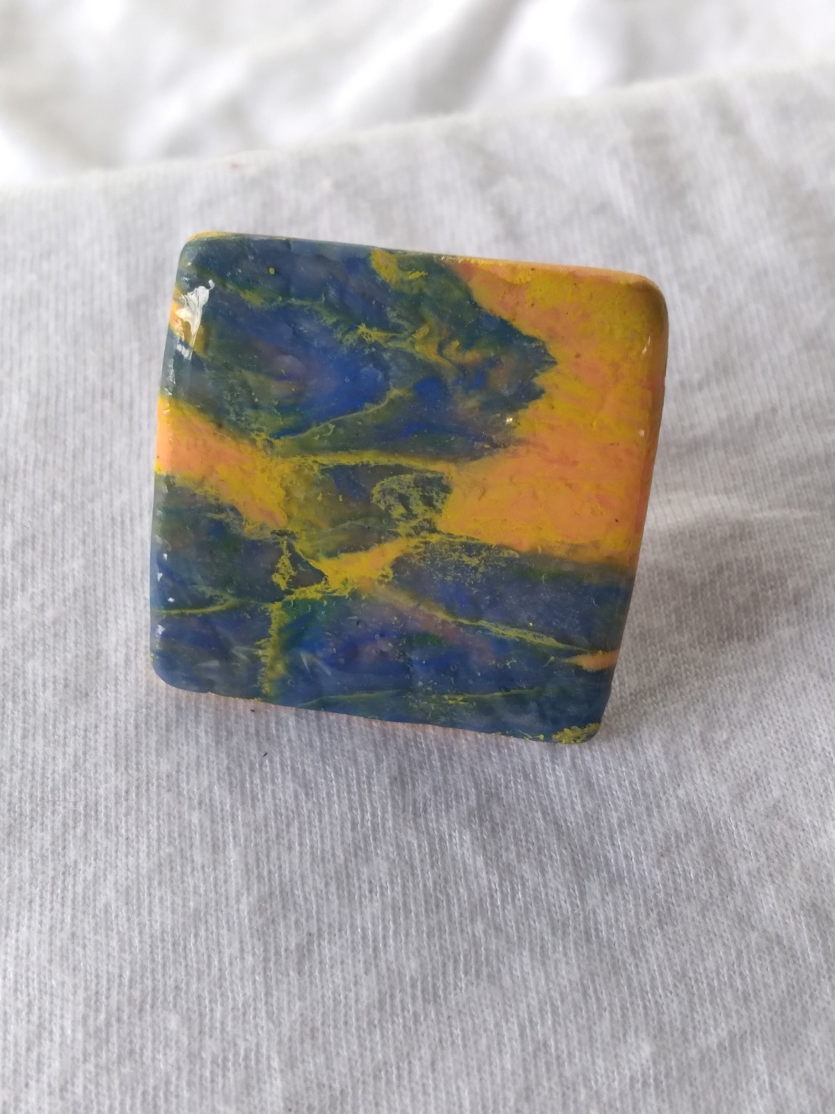 Handcrafted Silver Adjustable Polymer Clay Ring Square Blue Yellow Marbled