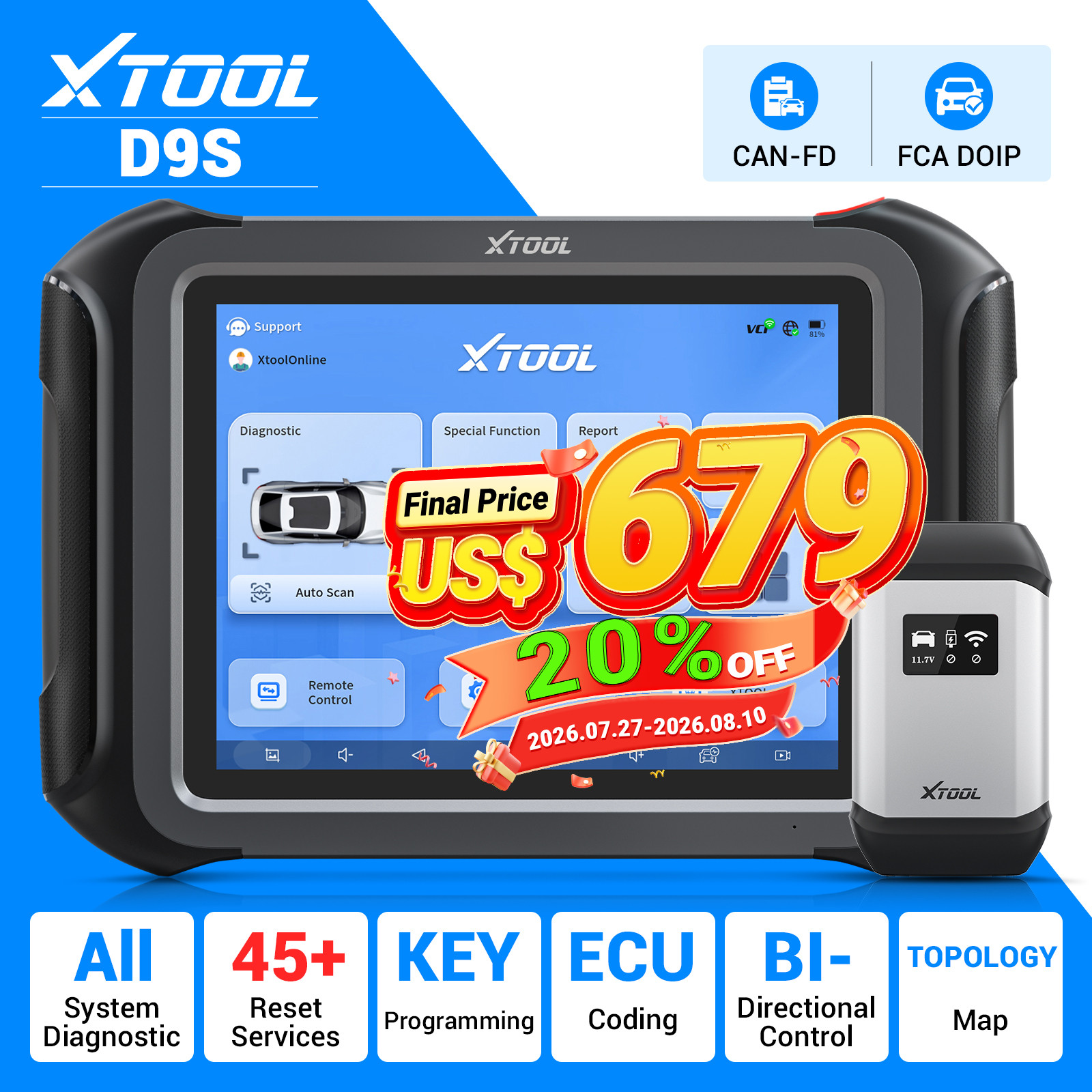 XTOOL D9S V2.0 Bidirectional ECU Coding OBD2 Diagnostic Scanner Tool Full System