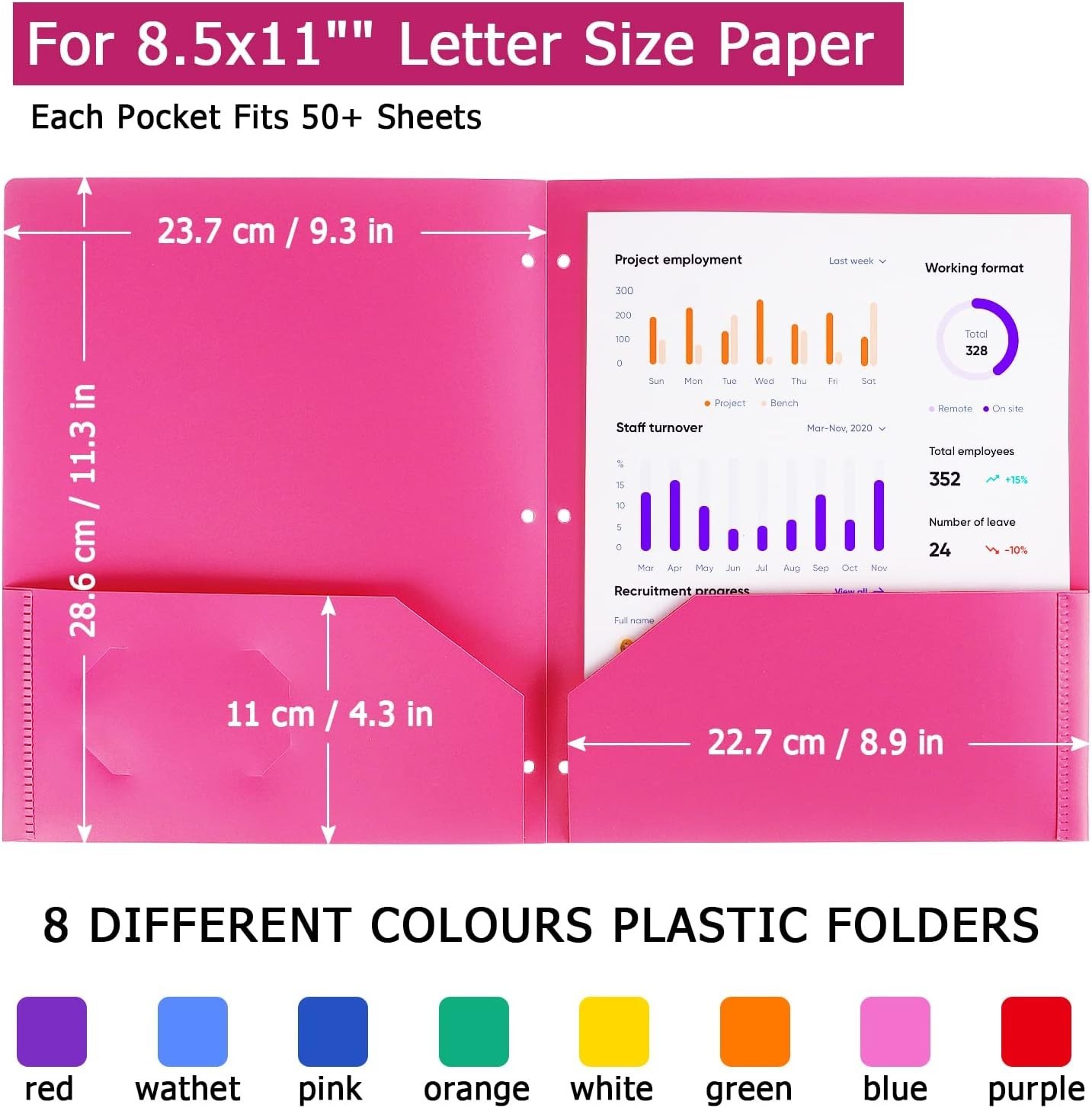 Assorted 8 Pack Plastic Folders with Pockets - Water-Resistant & Tear-Resistant