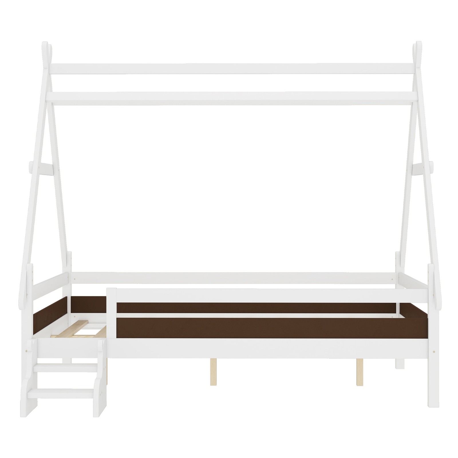 Full House Platform Bed with Stairs, Solid Wood Frame, White