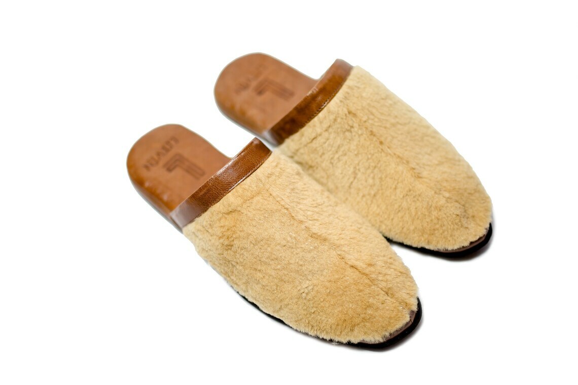 Brown/Lemon Fur Leather Slippers for Men, House Nutria Shoes, Handmade LITVIN