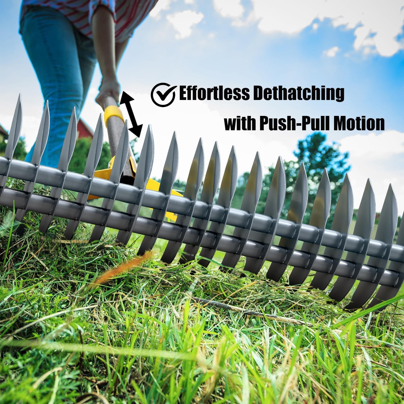 Heavy Duty Thatch Rake for Lawns -15"Dual-Action Dethatcher Thatching with Sharp