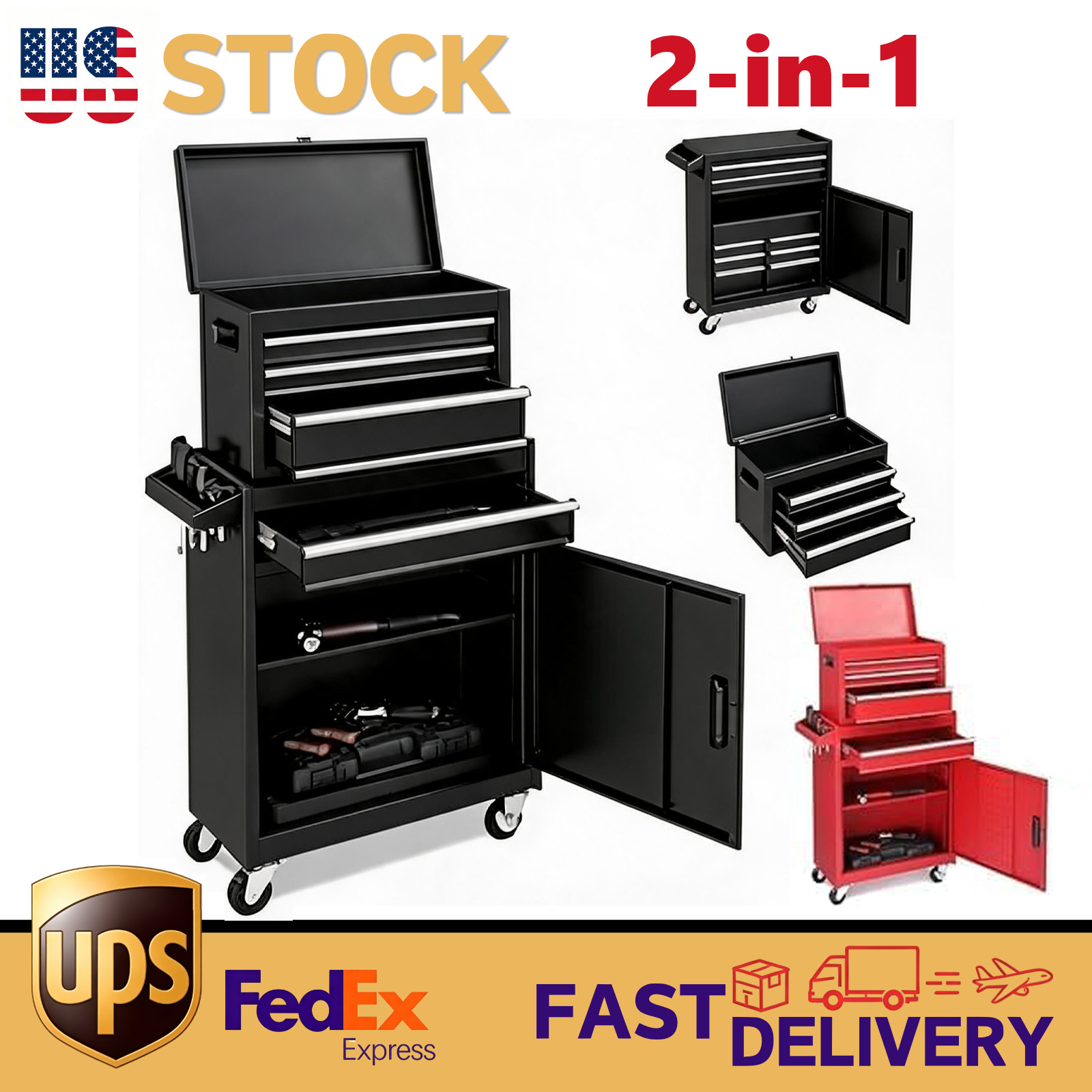 4 Drawers Rolling Tool Box Cart Tool Chest Tool Storage Cabinet w/ Wheels 2 IN 1