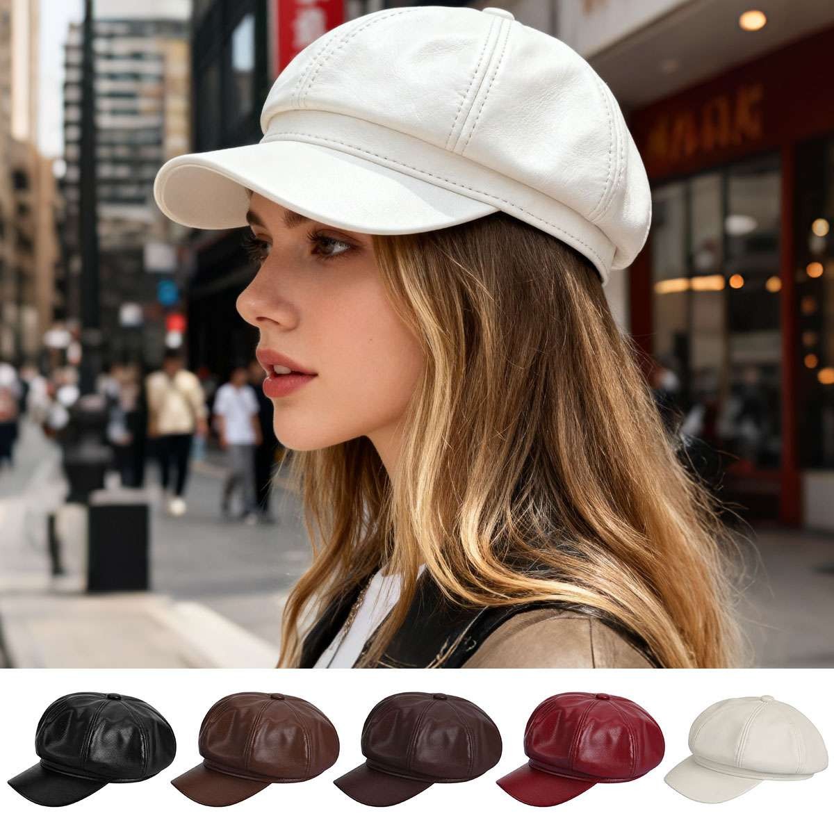 PU Leather Newsboy Cap, Vintage Baker Boy Peaked Beret Hat for Men Women US