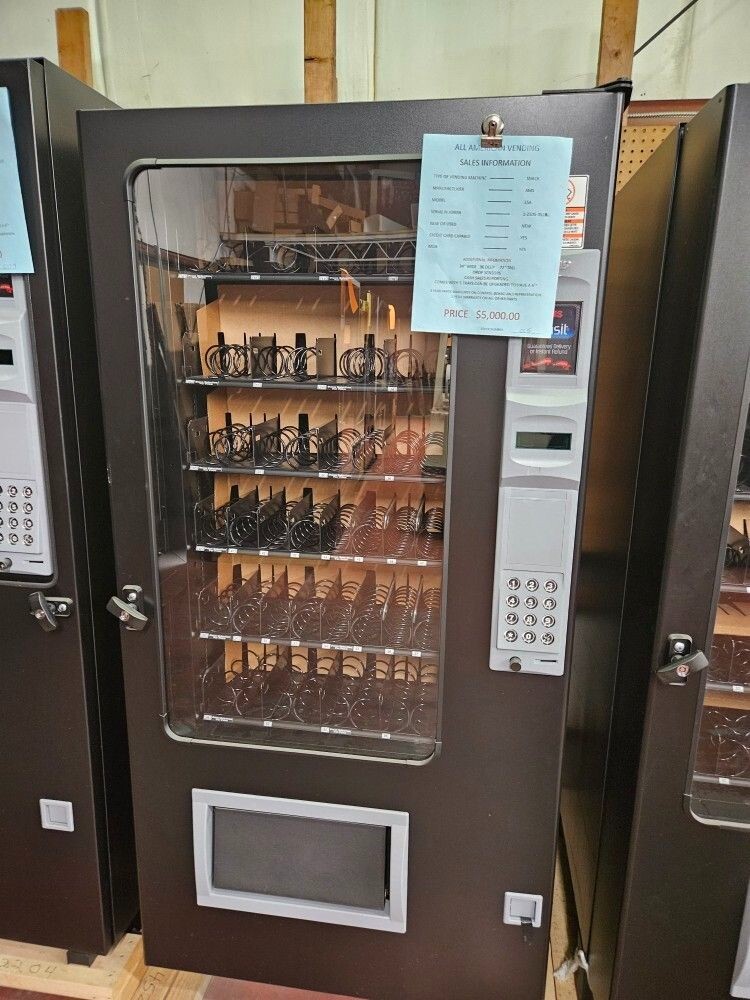 Brand New AMS 4 Wide Dual Coil Six Shelf Candy Chip Snack Machine Location Ready