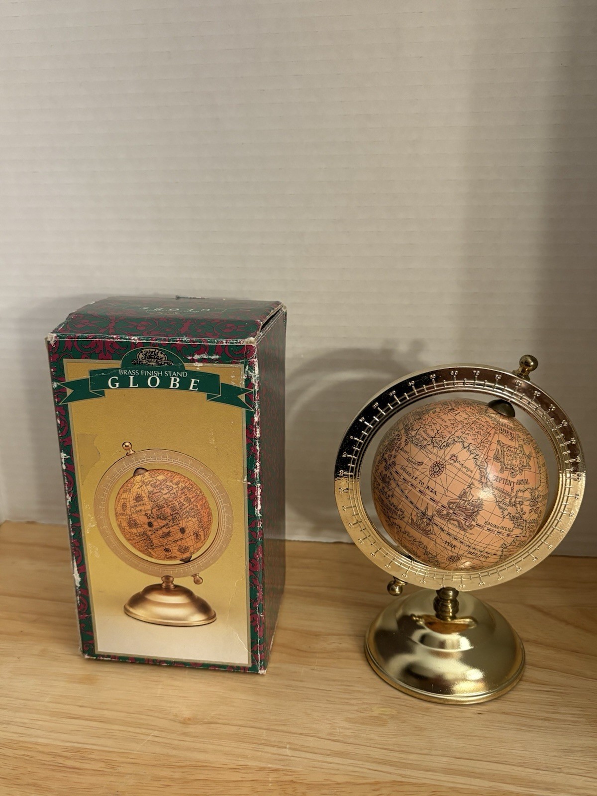 Faux Globe, Spins Manually ,Brass Finish Stand With Box,vintage Made In Taiwan