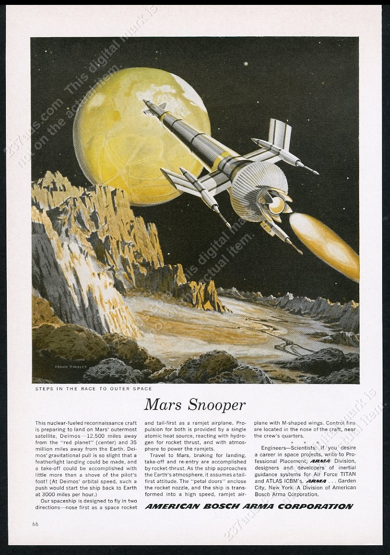 1958 sci fi future Mars rocket Frank Tinsley art Arma vintage print ad