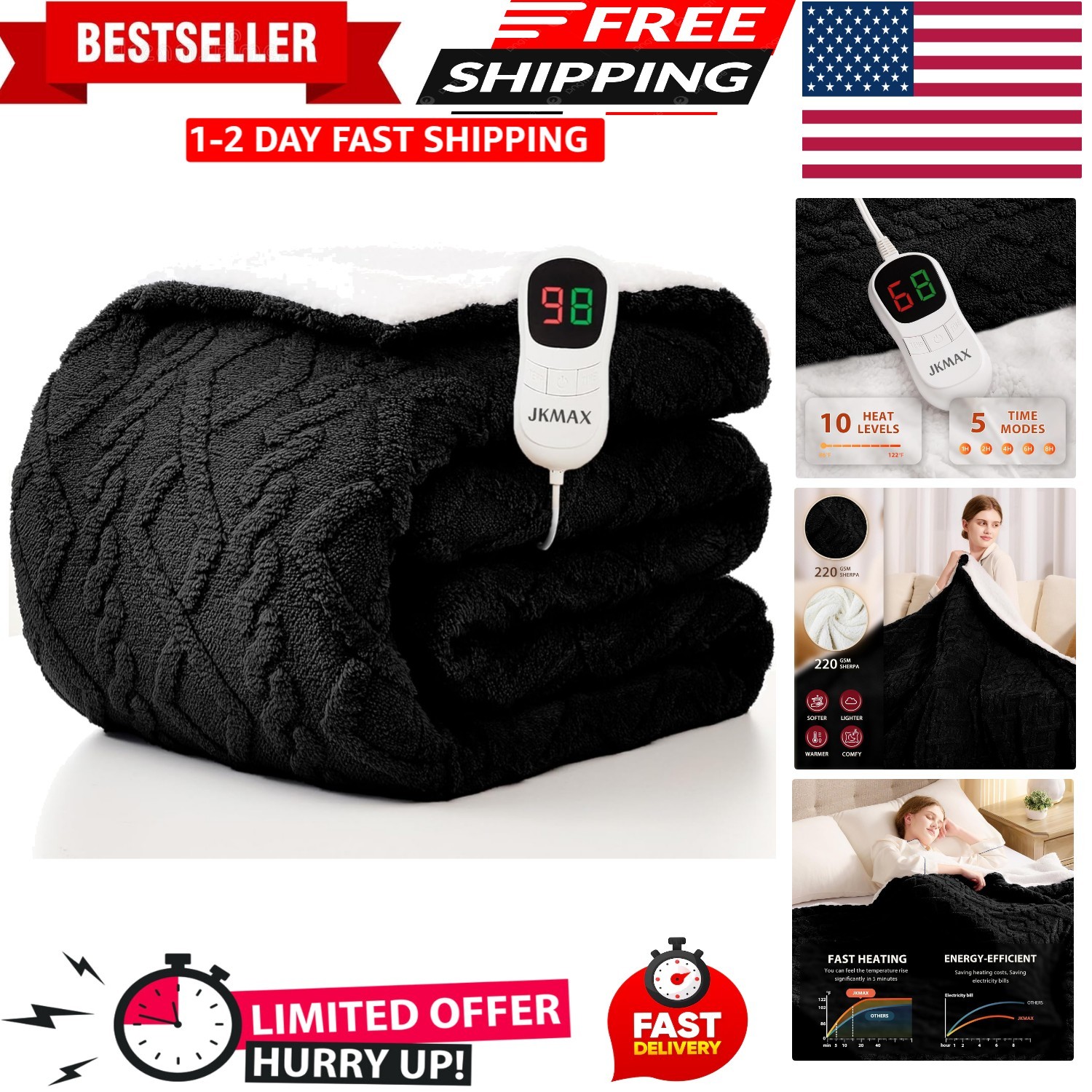 Heated Electric Blanket Full Size 72"x84" Flannel 10 Levels Over-Heat Protection