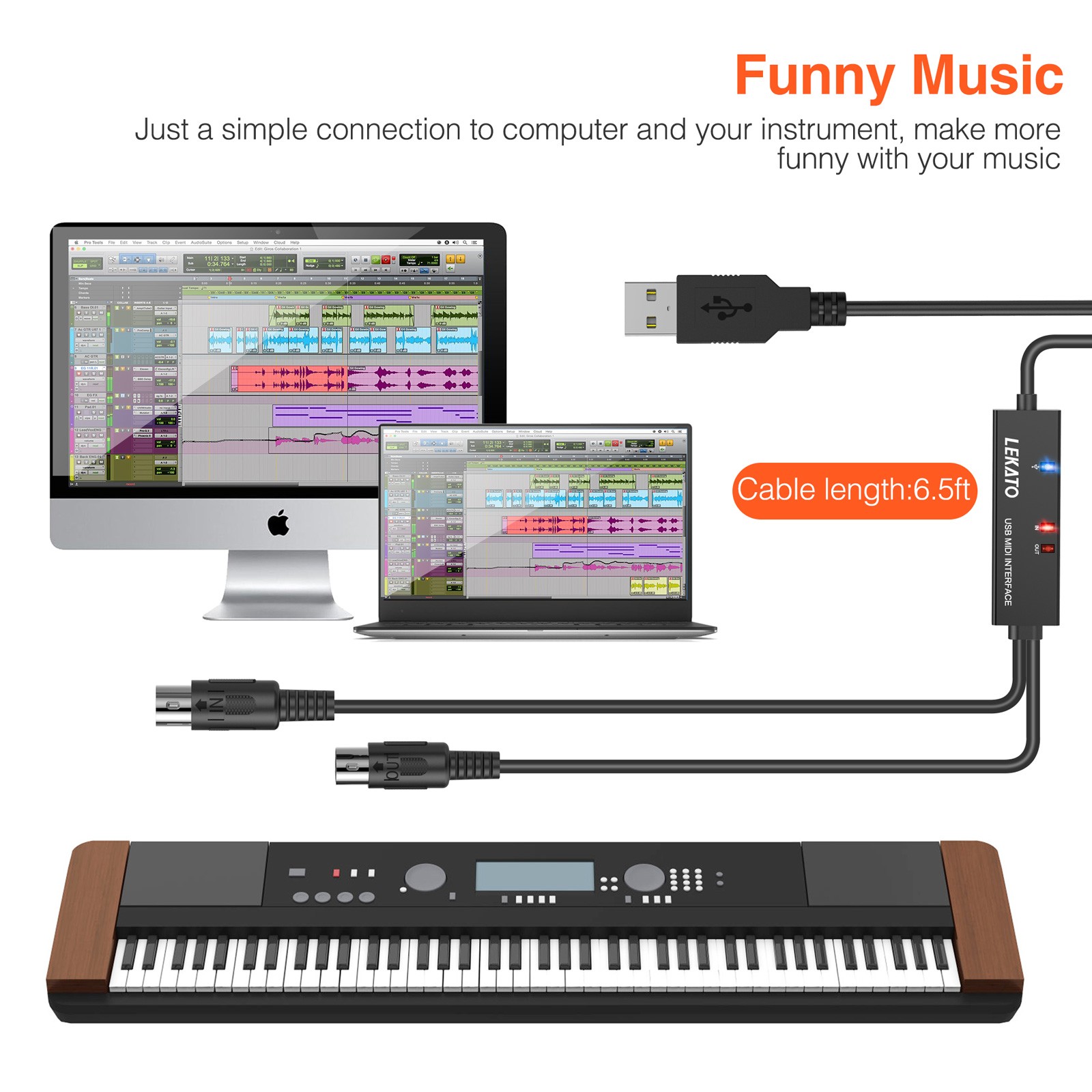 LEKATO USB MIDI Cable,MIDI to USB Cable 6.5Ft with Input & Output Connecting US