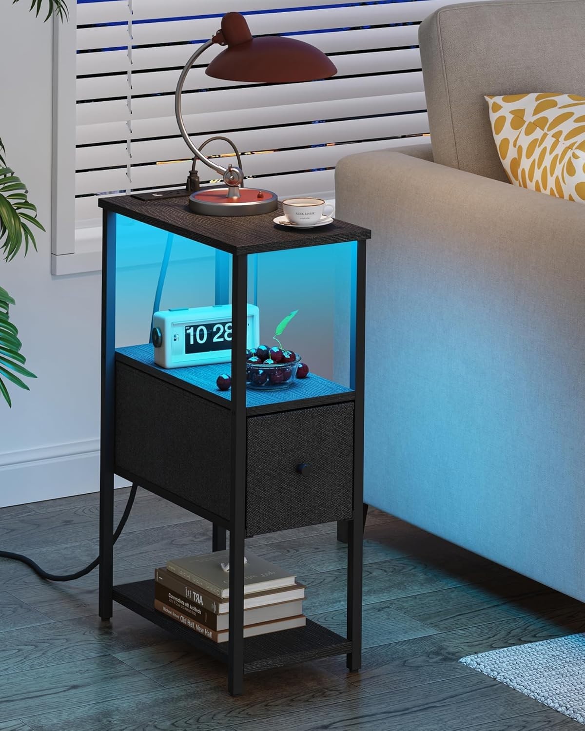 Small Narrow LED End Table with Charging Station, Side Table Outlets, Nightstand