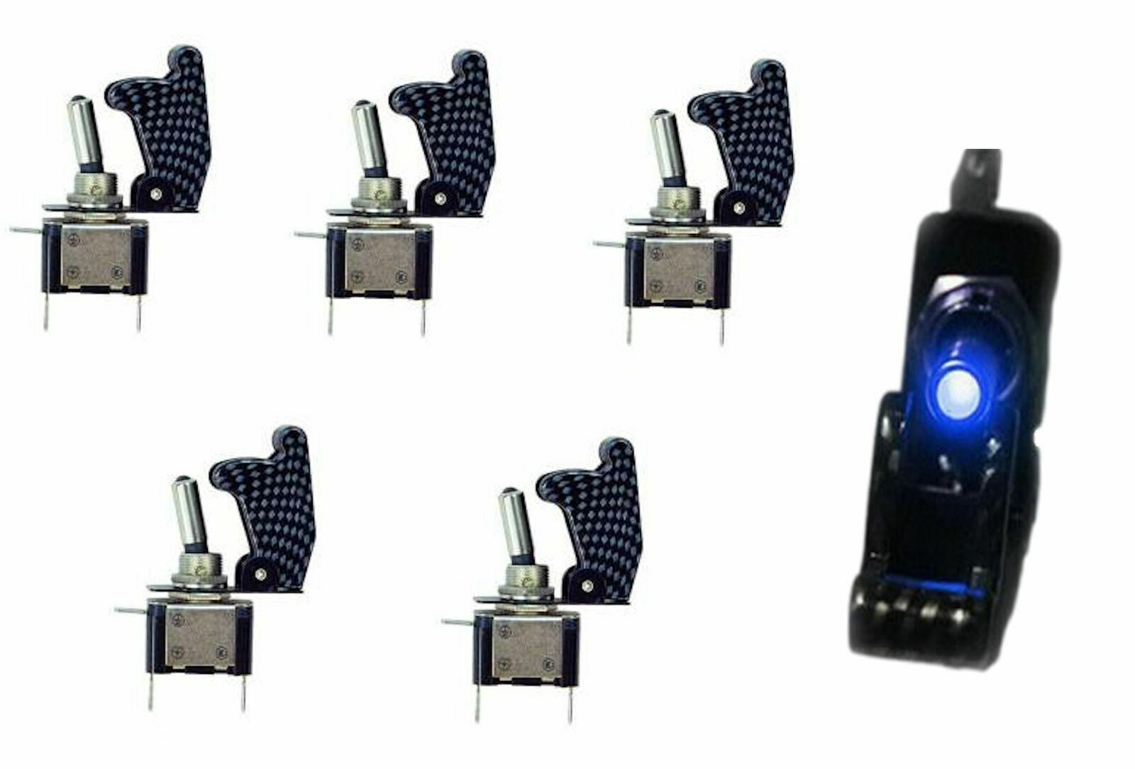 Set of 5 Carbon Fiber Look Blue Light Led Aircraft Type Toggle Switch 12V Dc
