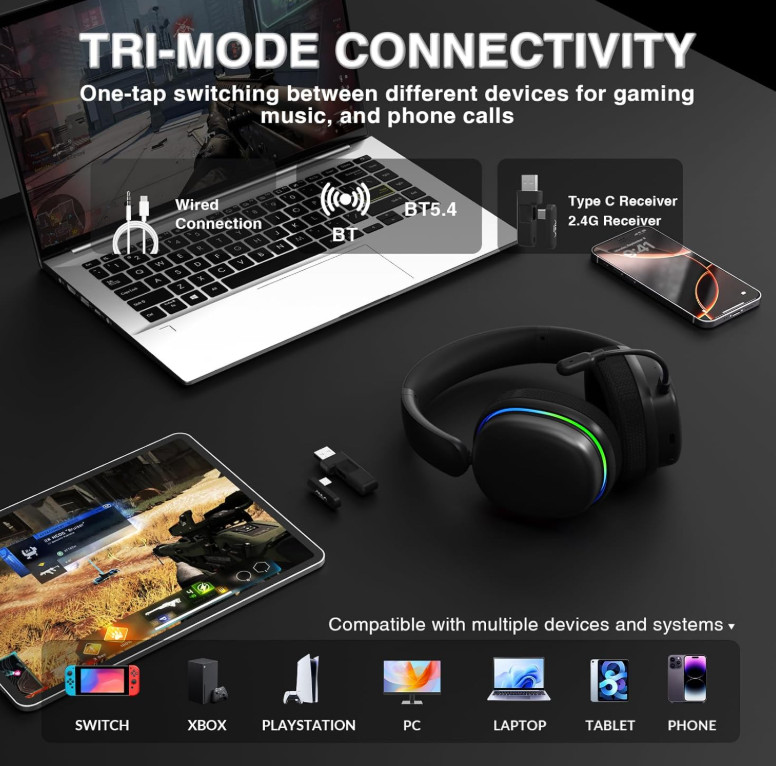 AULA Black G7 Pro RGB Tri-Mode Wireless Gaming Headset