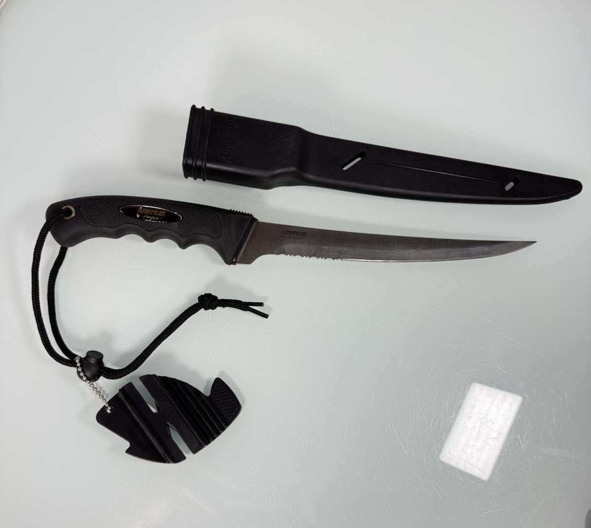 American Angler Fillet Fishing Knife 8” BLK Stainless Steel w/Sheath & Sharpener