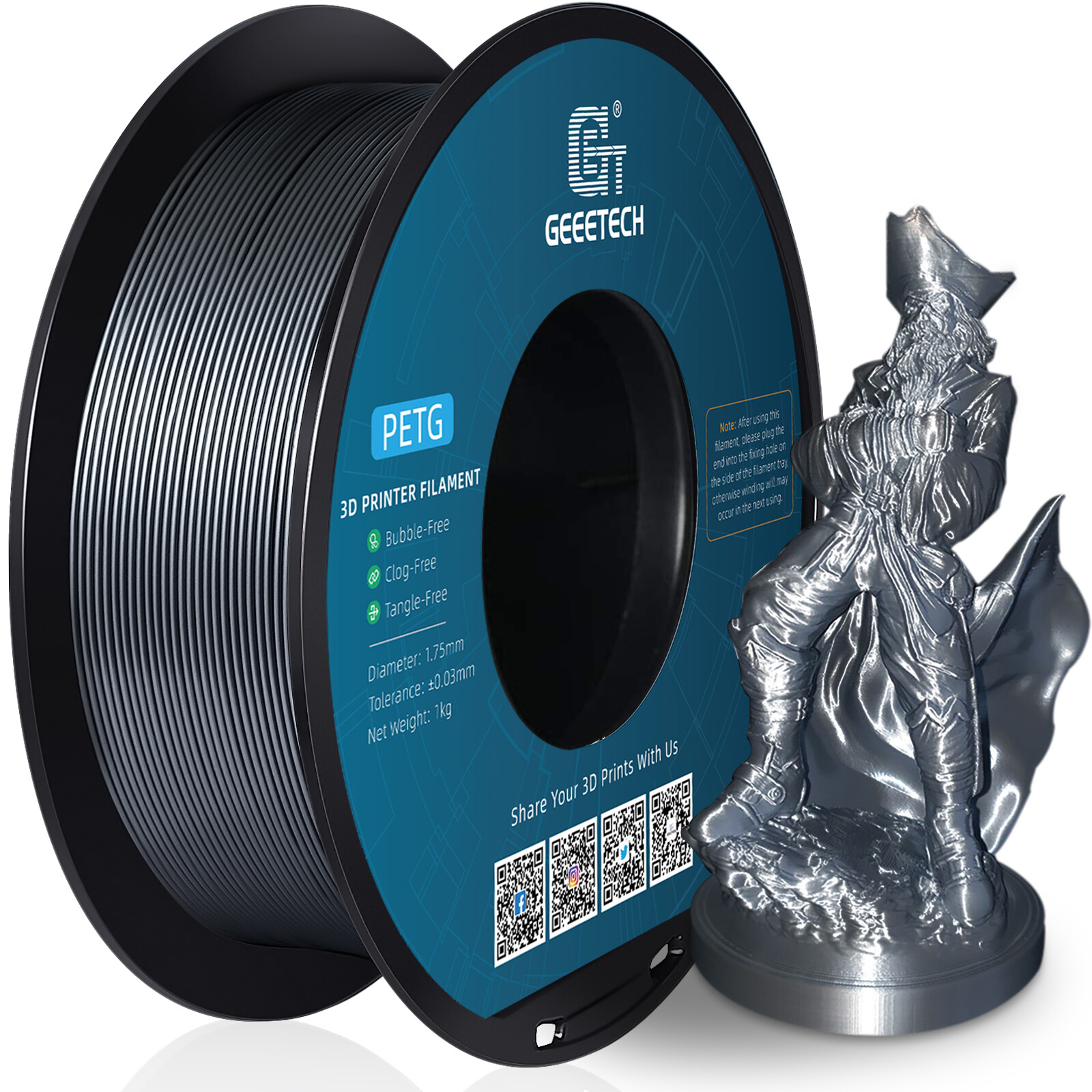 Geeetech 3D Printer Filament PETG Silver 1.75mm 1kg Per Roll Consumables US New