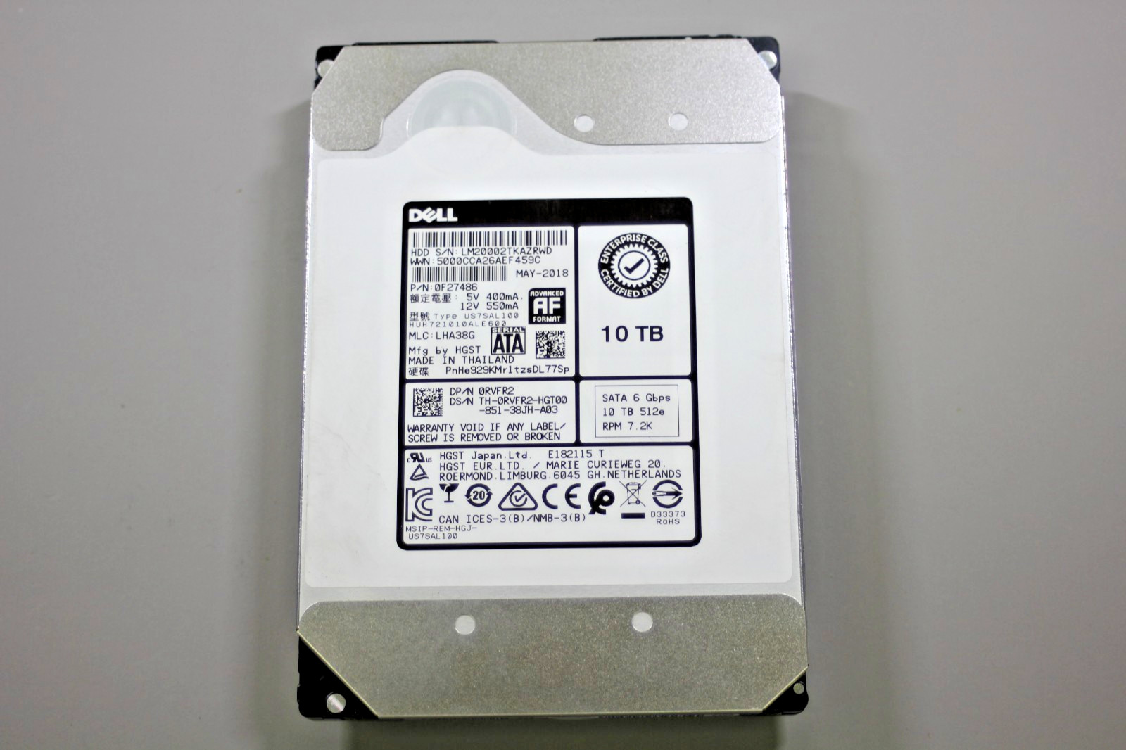 Dell RVFR2 10TB SATA 7.2K RPM Enterprise HDD HUH721010ALE600 0RVFR2 100% Health