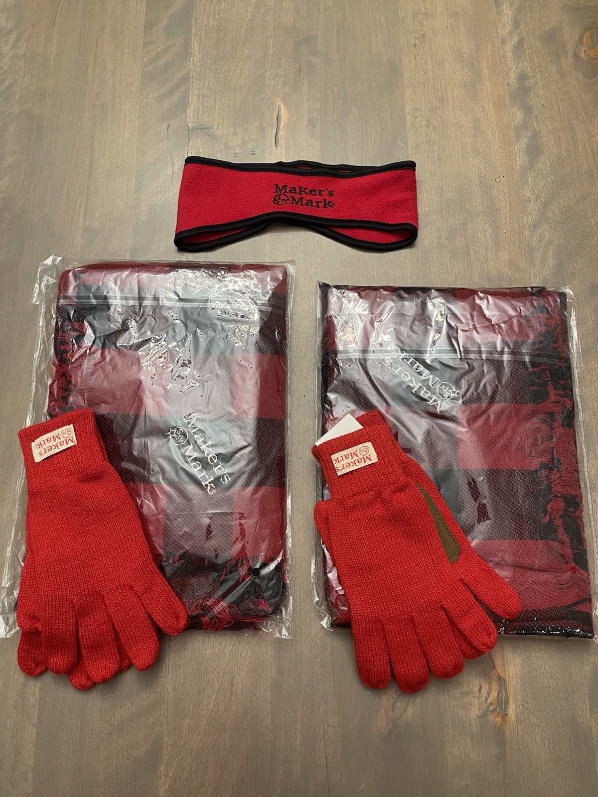 Makers Mark Red Knit Gloves  (2), Throws (2) And Fleece Headband NEW!!