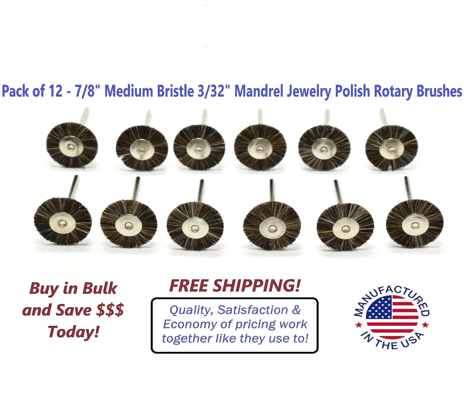 12 Medium 7/8 Full Size Bristle Brushes 3/32 Shank Jewelry Dental Polishing HP