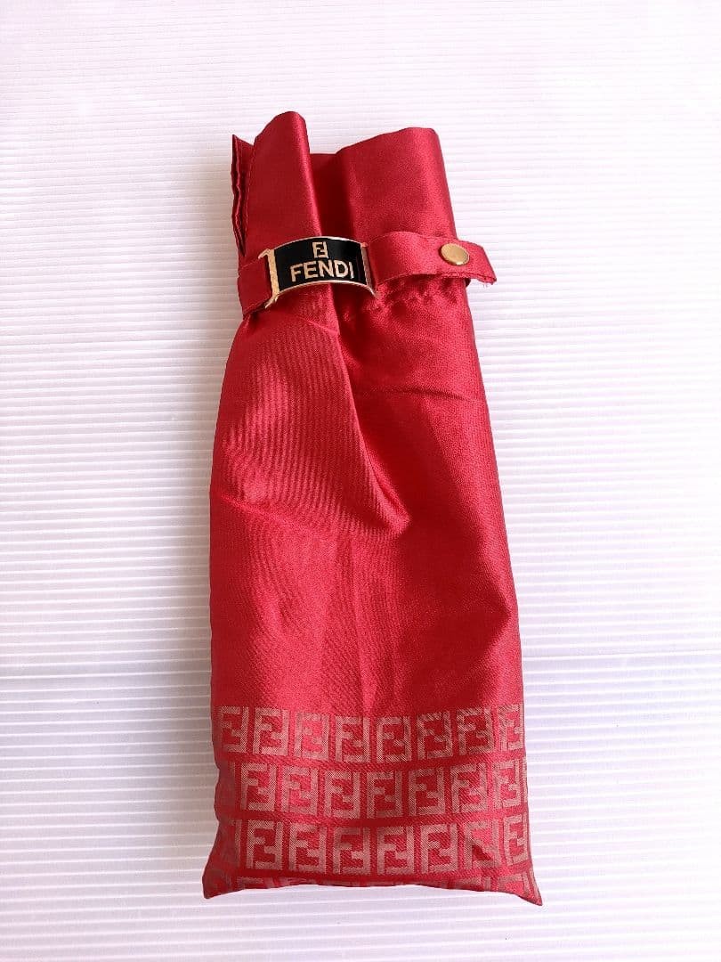 FENDI Zucca Folding Umbrella Red Classic Designer Compact Parasol Authentic