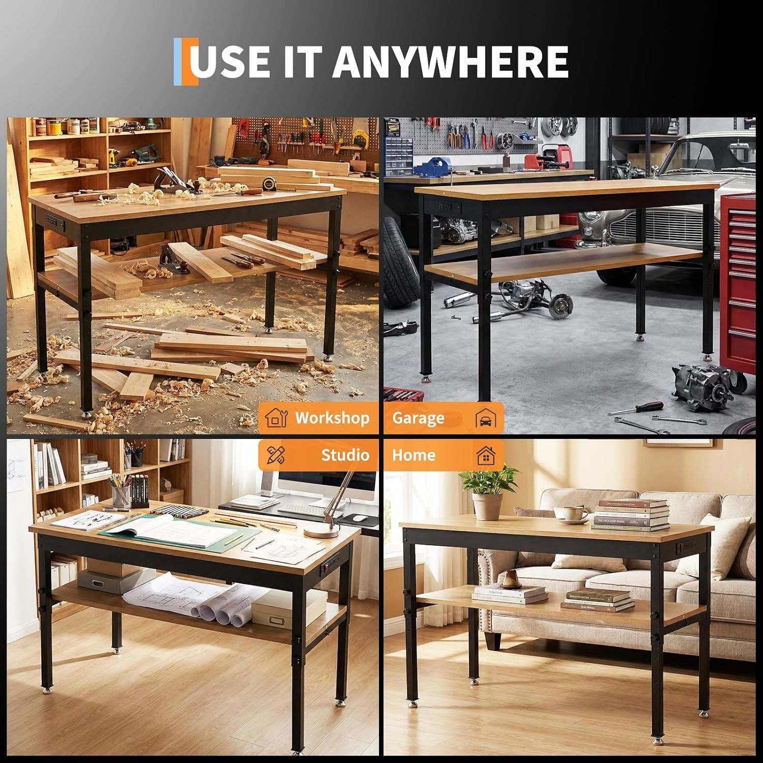 Adjustable Height Workbench with Storage Shelf 48" x 24" Work Benches 2500 LBS