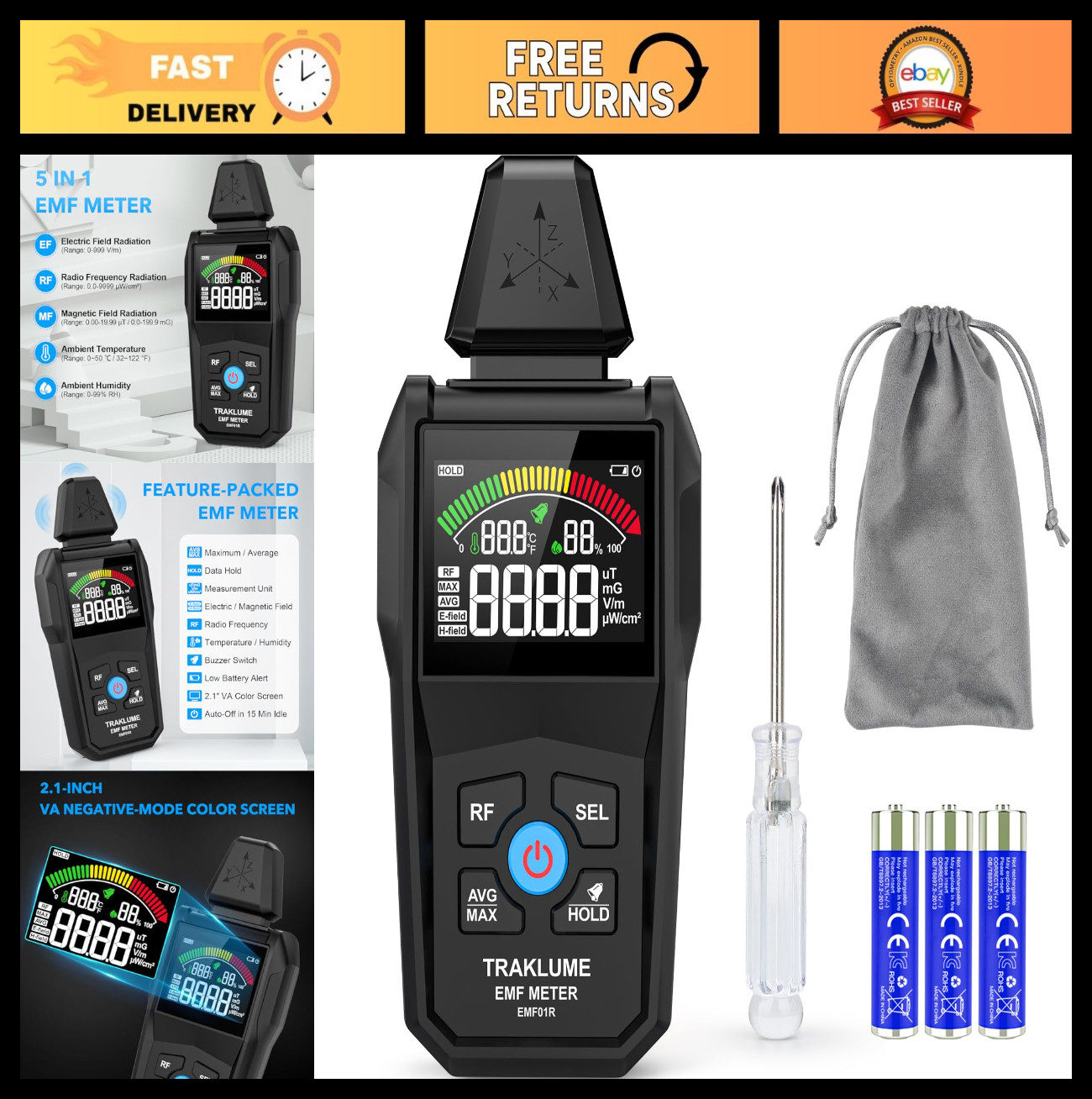 5-in-1 EMF Meter - Digital Radiation Detector for Home & Ghost Hunting, RF Reade