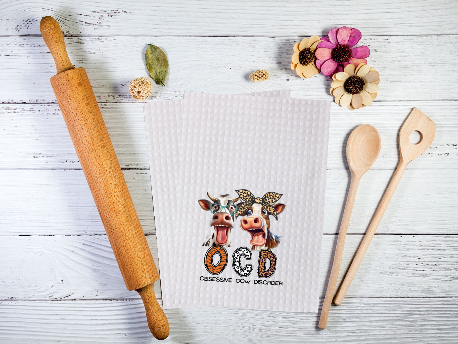 OCD, Cows, Waffle Weave Kitchen Dish Cloth, Micro Fiber, 12x12", (wc221)