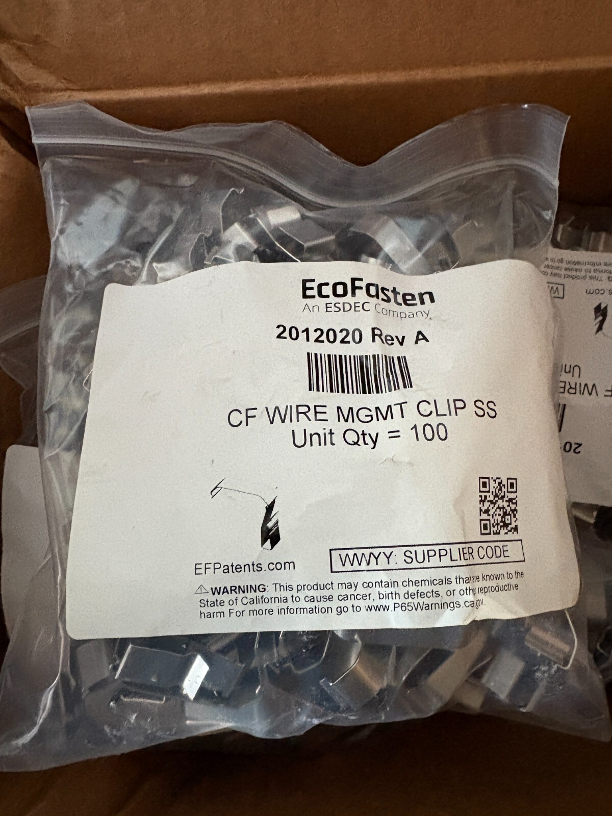 Ecofasten 2012020 Rev A CF Wire Mgmt Clips SS PACK OF 100 Solar Panel Management