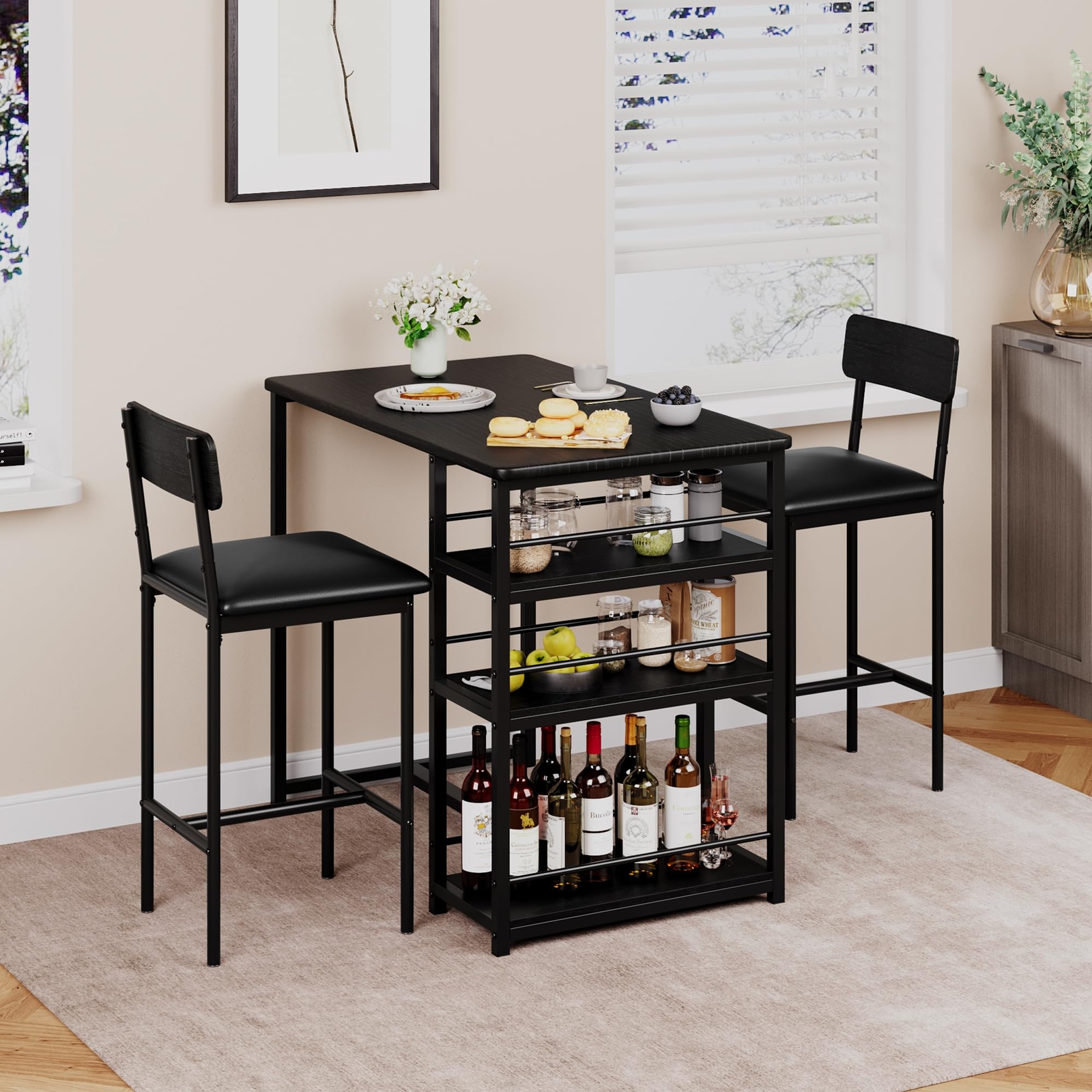 Dining Room Table Set Home Kitchen Table with 2 Upholstered Chairs and 3 Shelves