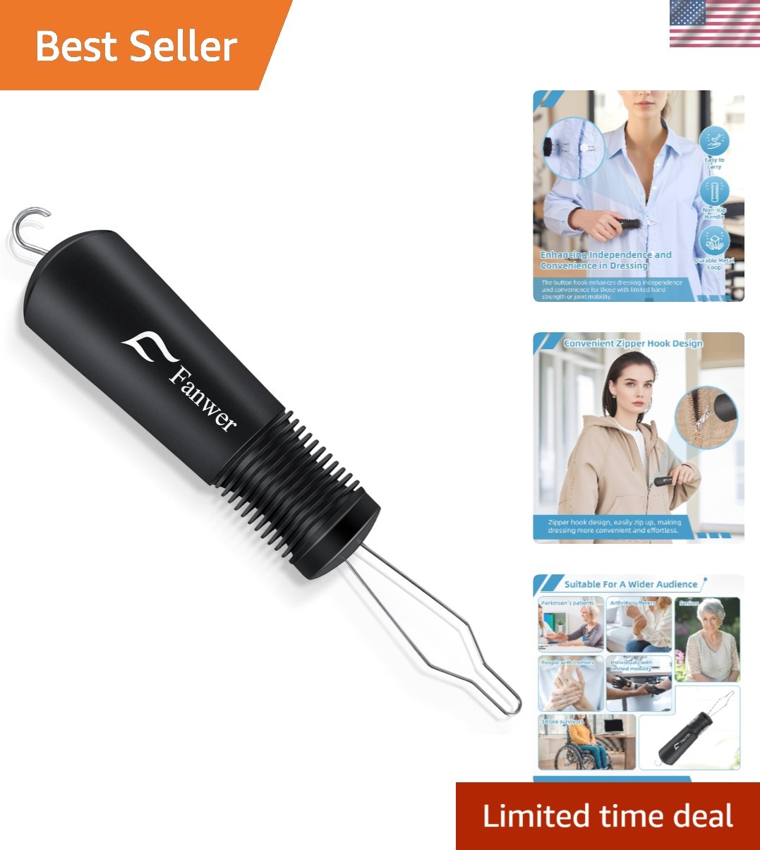 Soft-Grip Button Hook with Zipper Pull - Comfortable Dressing Solution for All