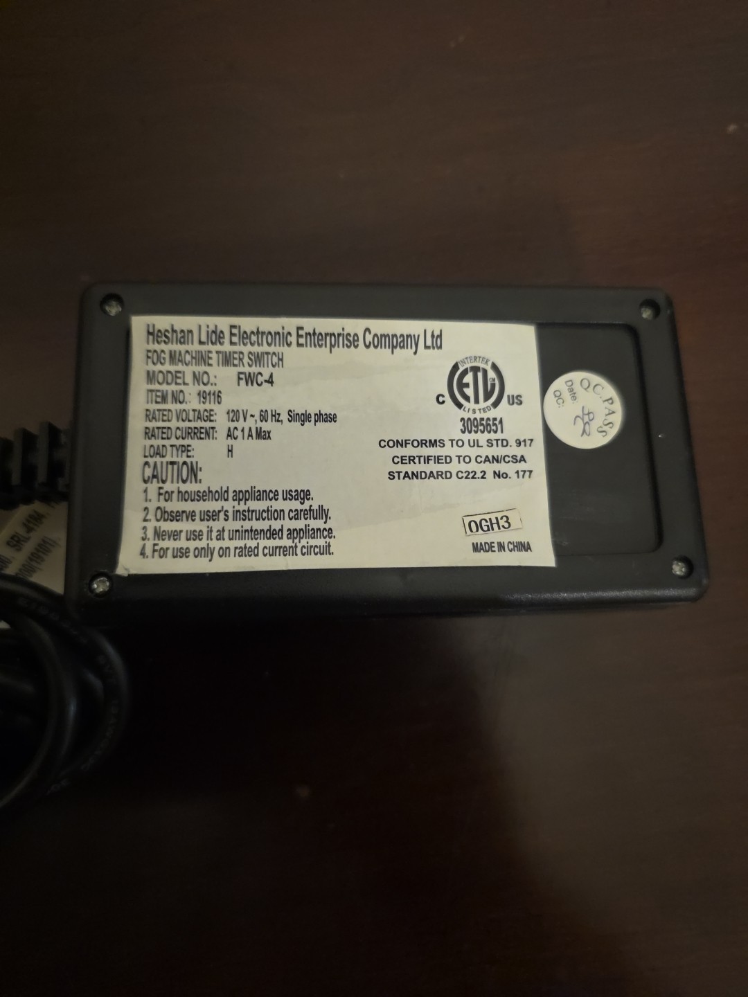 Heshan Lide Fog Machine Timer Duration Interval Switch UL 120V FWC-4(5724006)