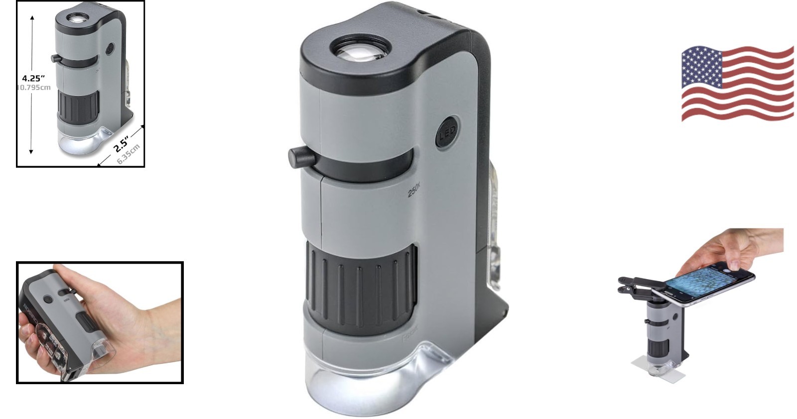 MicroFlip 100x-250x Pocket Microscope with Smartphone Clip for STEM Learning