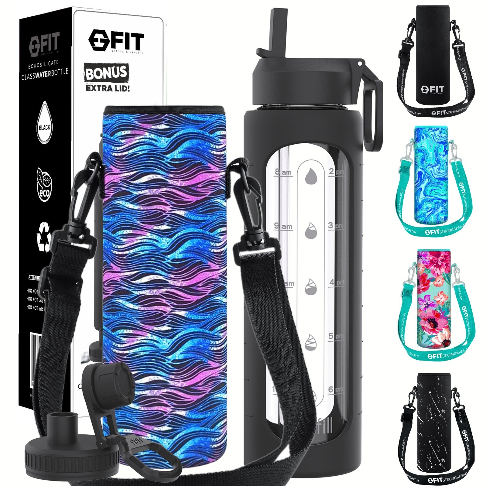 32 oz Glass Water Bottle with Time Marks and Holder (Black, Black Waves Carrier)