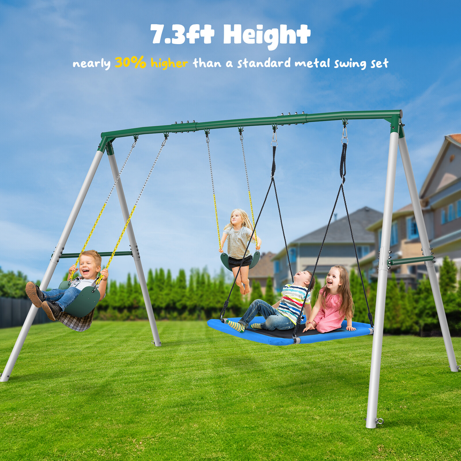 600lb 7.3FT Heavy Duty Metal Swing Set Backyard Kids Adult Playset with 3 Swings