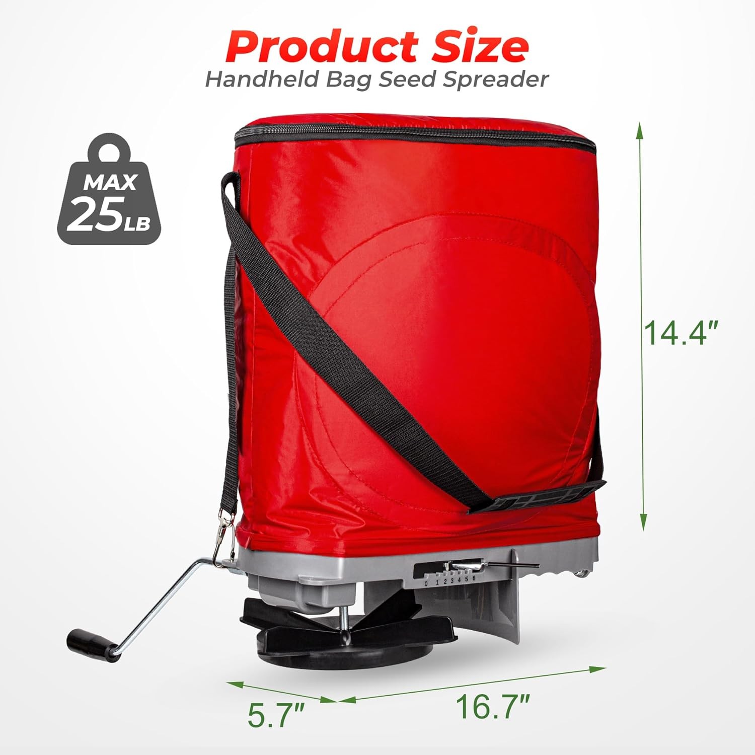 Handheld Seed Spreader with 25lb Bag Frame Support Flow Control Enclosed Gear