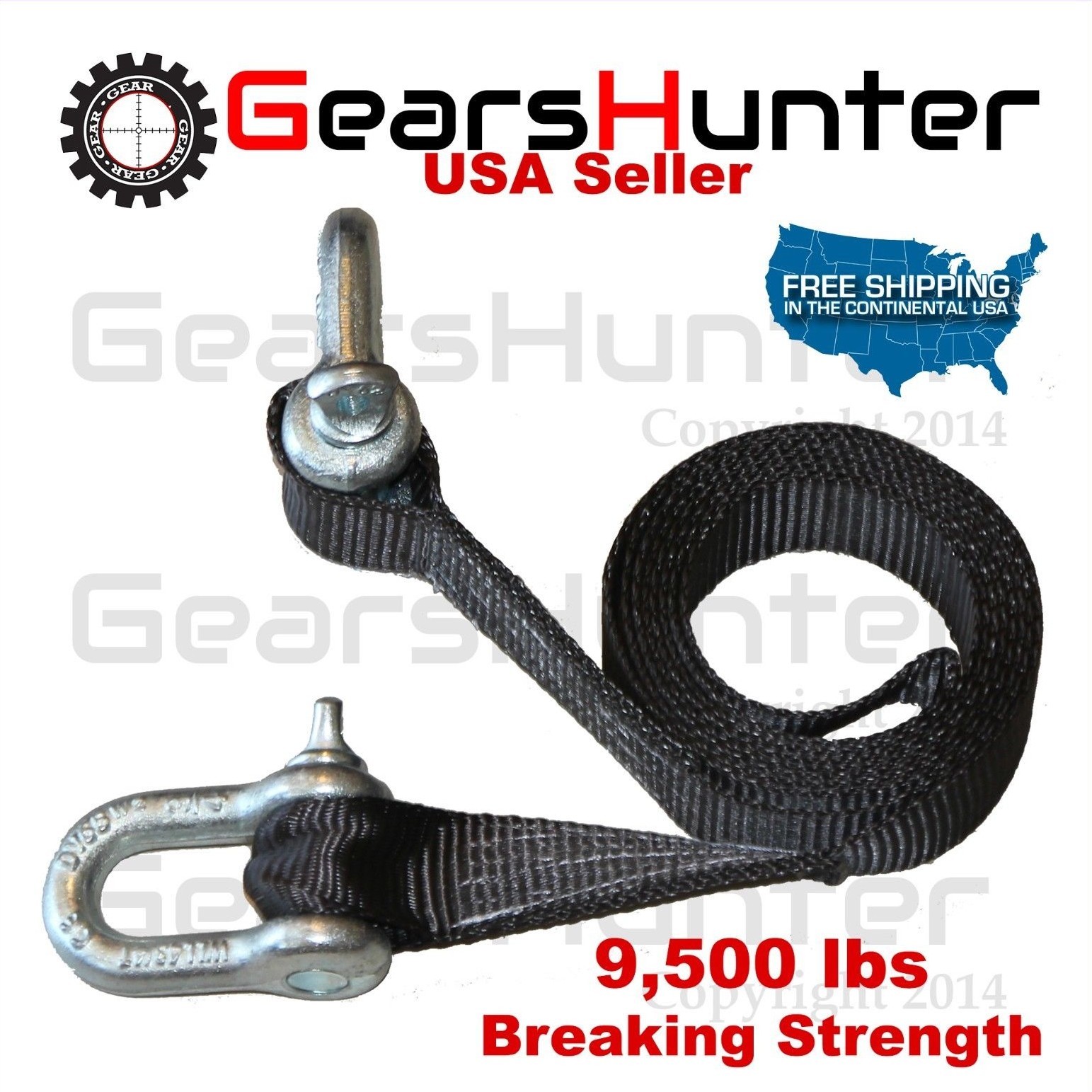 Two 4 3/4 Tons (4.75 T) Shackles + 12' Web Tow Strap Clevis 9500LBS