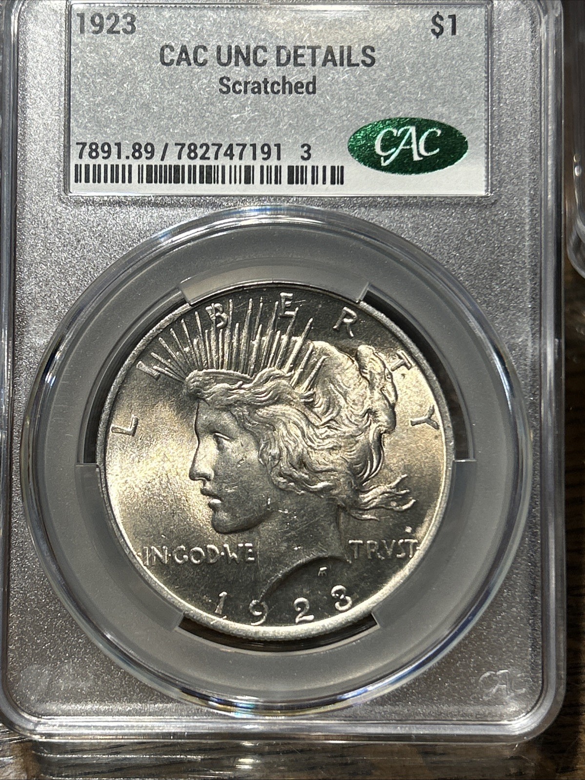 1923 Peace Silver Dollar $1 CAC CACG Uncirculated Details Scratched