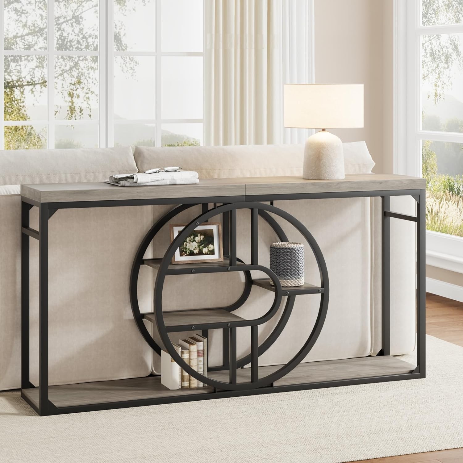 55in Console Sofa Table 5 Tier Metal, Open Shelf Behind Couch Table Industrial