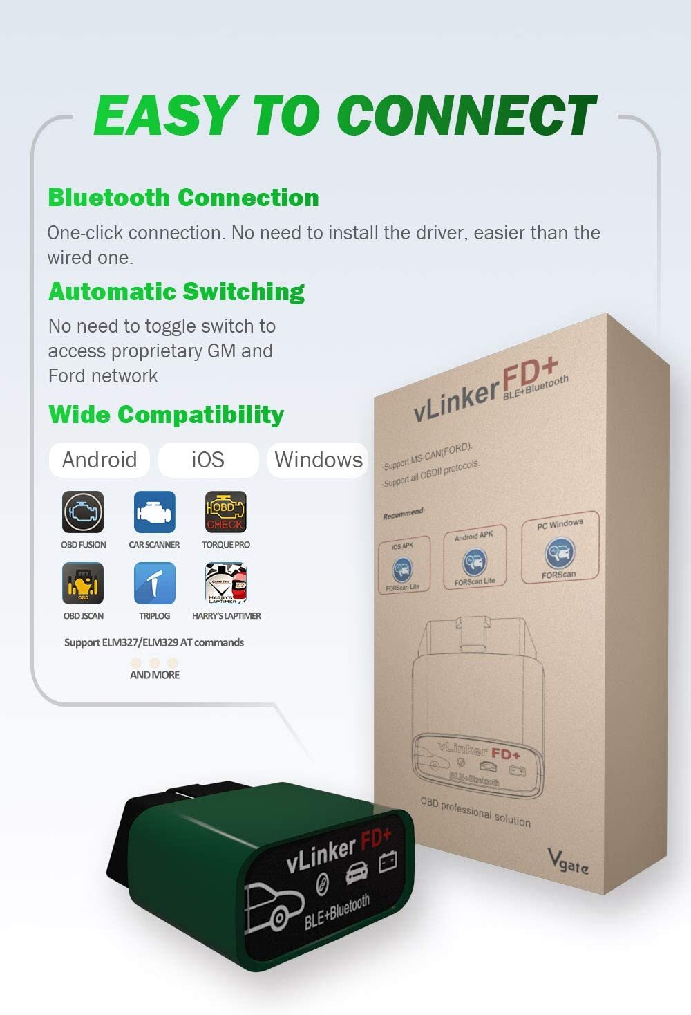 Vgate vLinker FD Plus OBD2 Adapter Bluetooth BLE Scanner FORScan for iOS Android