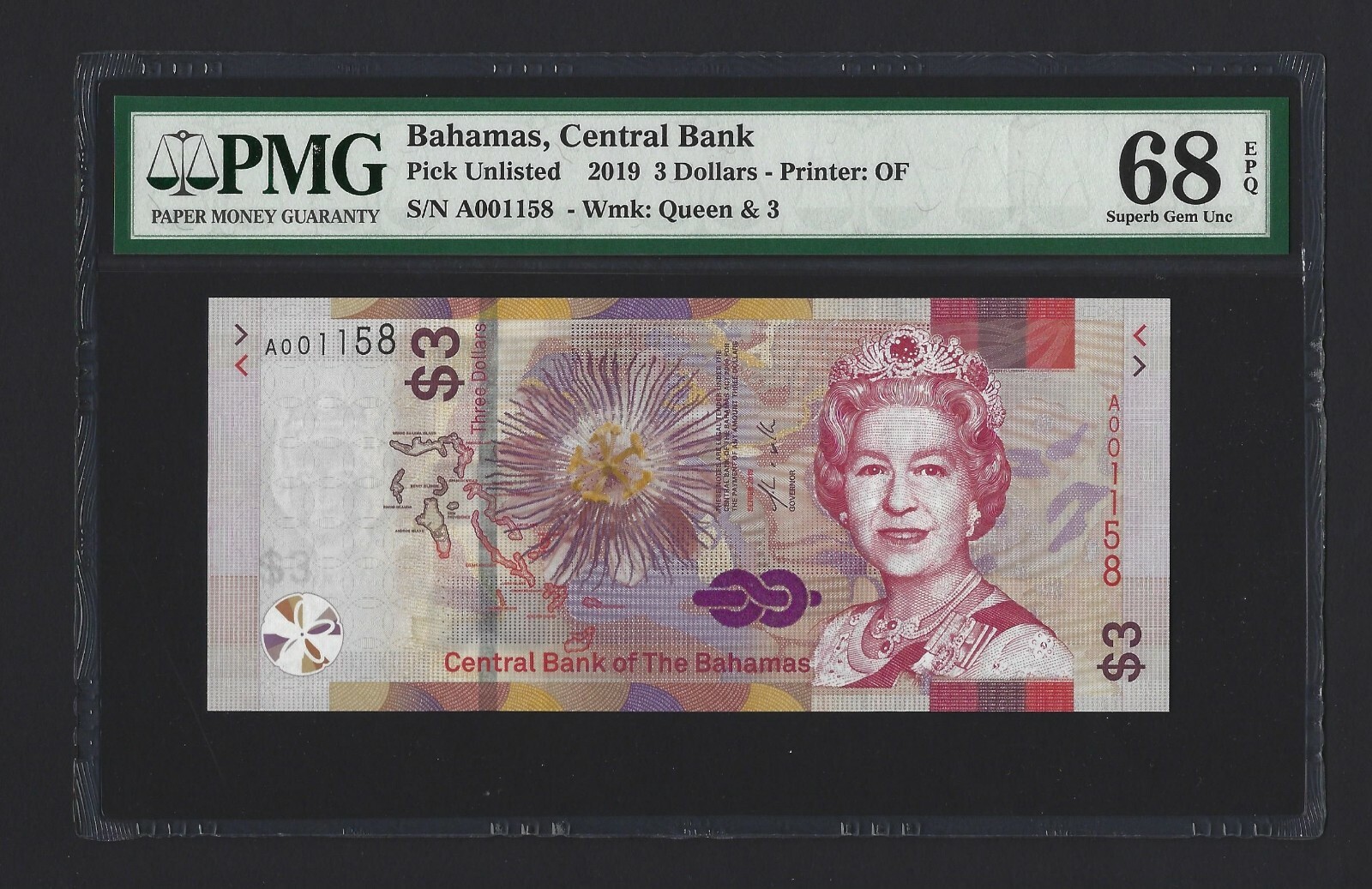 BAHAMAS $3 Dollars 2019, PMG 68 EPQ SUPERB GEM UNC, Low Serial Number 158!!