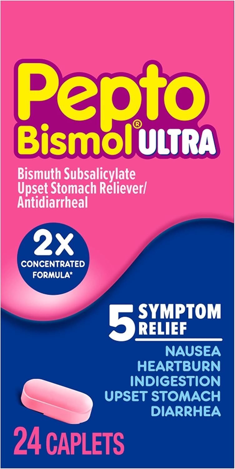 Pepto Bismol Ultra Caplets, 5 Symptom Relief for Upset Stomach, 24 Ct