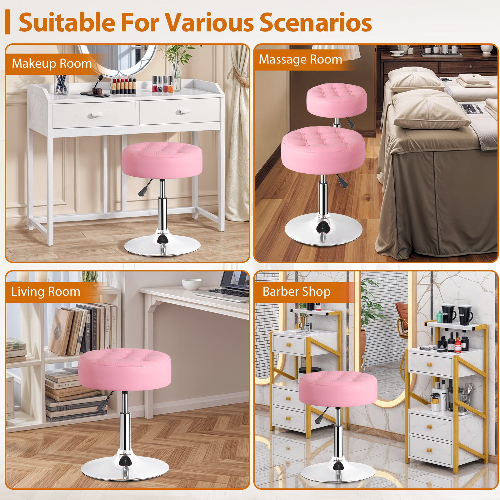 2 PCS Pink Vanity stool for Makeup Room Adjustable Height PU Leather Bar Stool